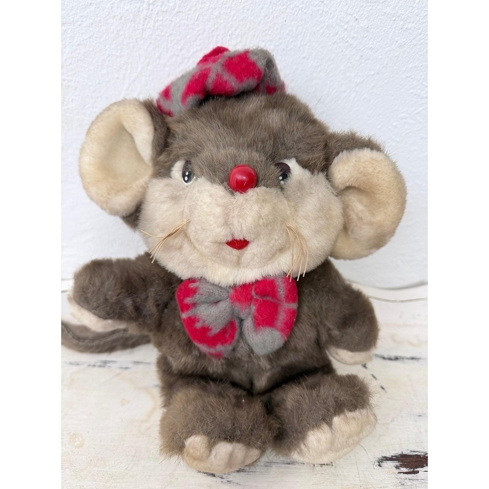Vintage Target Dayton Hudson Christmas Mouse Plush‎ 14" Gray Red Hat Squeaker